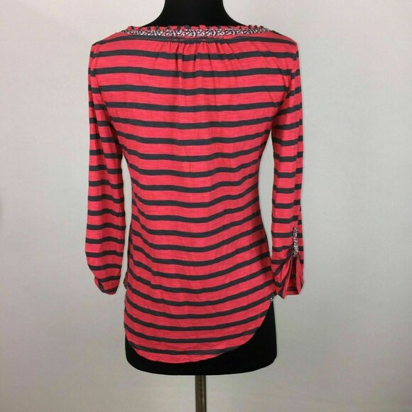 Anthropologie Postmark Henley Top Womens S Striped Floral Trim Roll Tab Sleeves - Picture 7 of 12